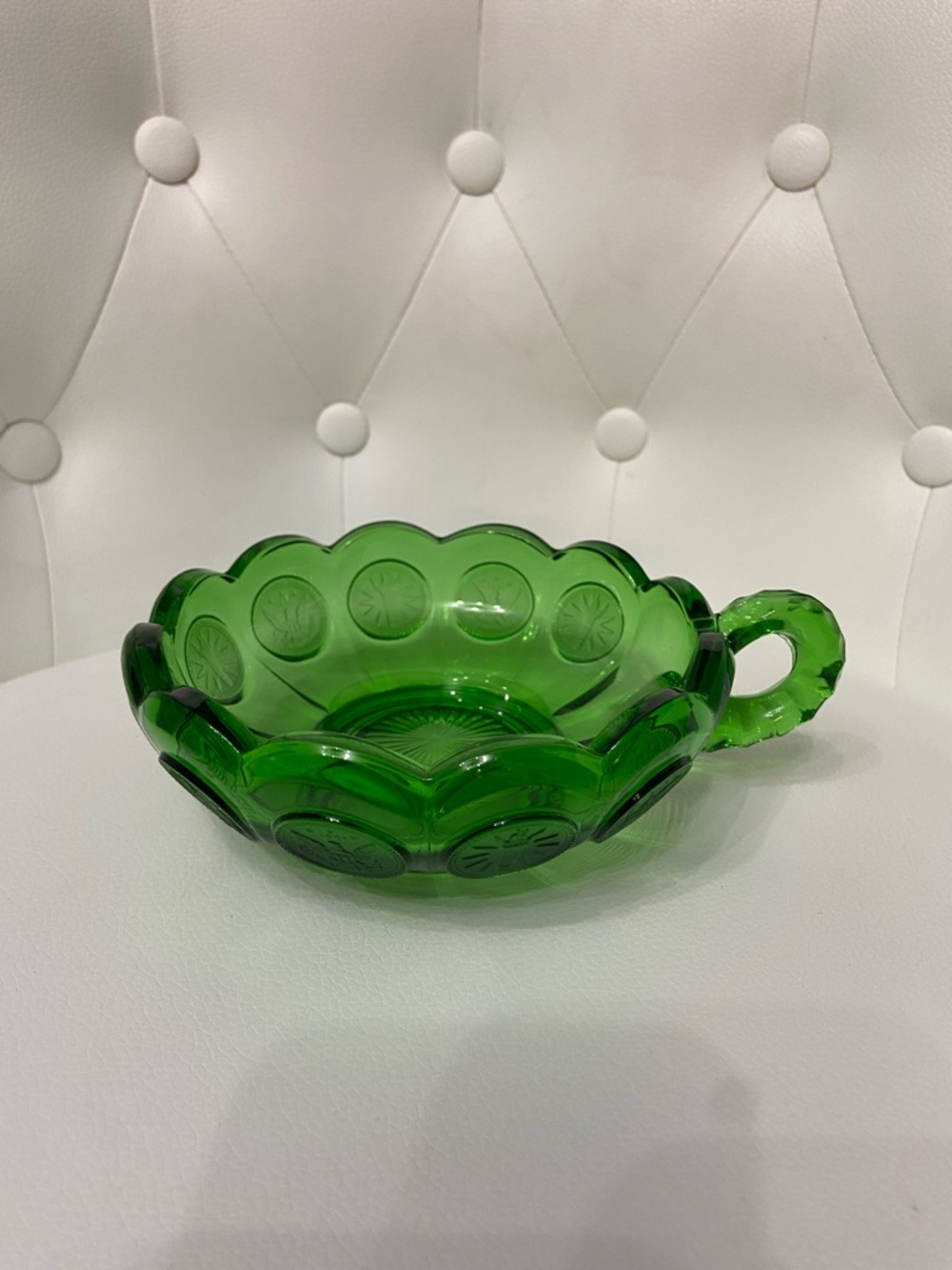 Vintage MCM FOSTORIA Glass Bonbon Dish 1960s-70s Emerald Green Handled